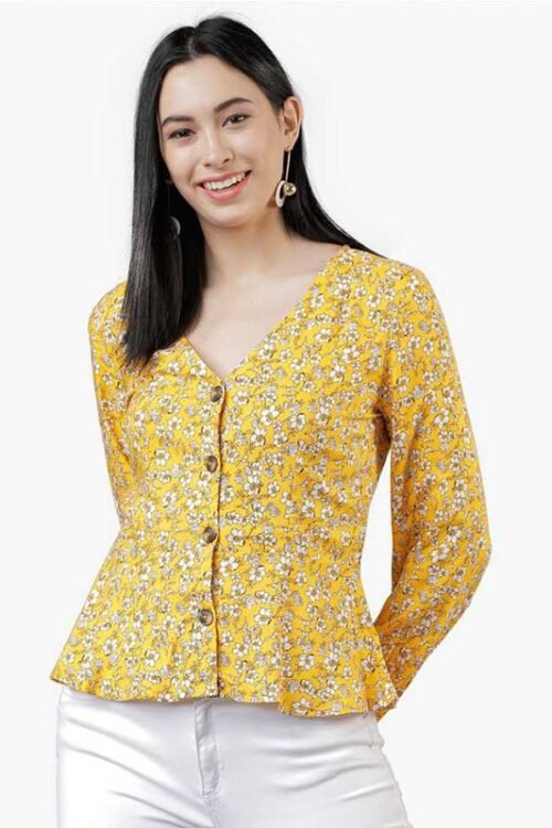 Casual Full Sleeve Printed Women Yellow Top