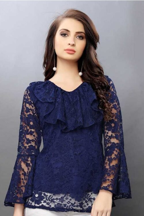 Selvi Casual Bell Sleeve Self Design Women Dark Blue Top