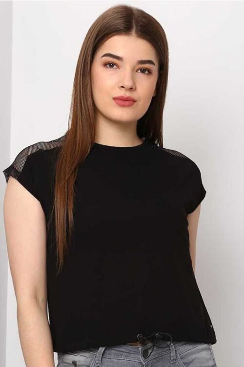 FM Solid Women Round Neck Black T-Shirt