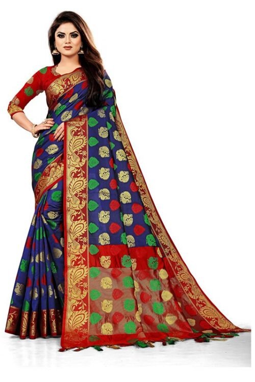 Woven, Embroidered, Checkered Banarasi Jacquard, Cotton Silk Saree (Blue)