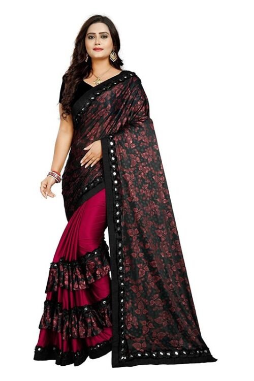 Printed, Floral Print Fashion Lycra Blend Saree (Maroon, Black)