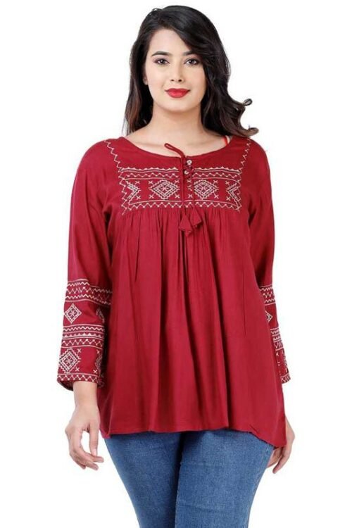 Women Embroidered Rayon Cape Top Kurta (Maroon)