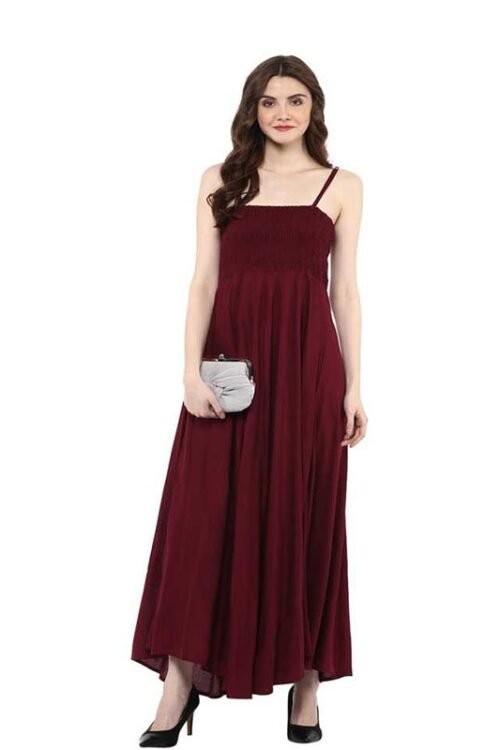 Wari Solid Cotton Rayon Blend Stitched Straight Gown (Maroon)