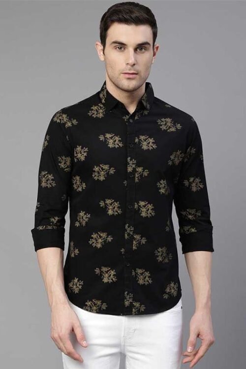 DL Men Slim Fit Floral Print Spread Collar Casual Shirt