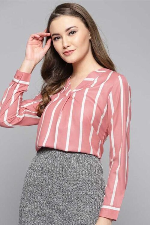 Casual Regular Sleeve Striped Women Pink Top