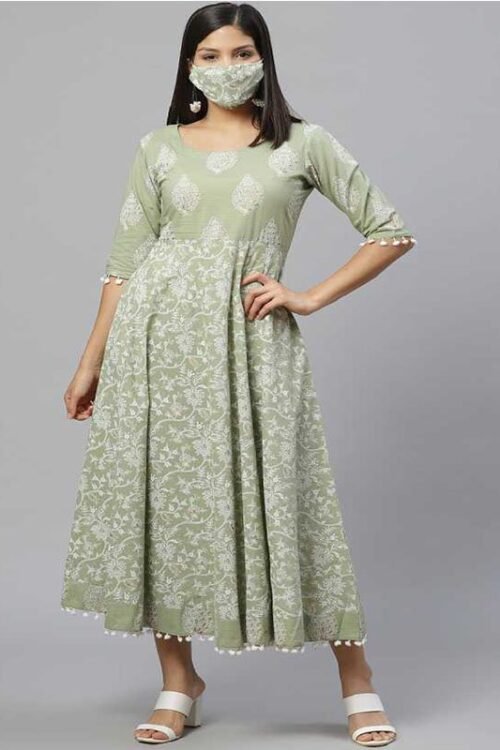 Libas Women Printed Pure Cotton Ethnic Dress (Green)