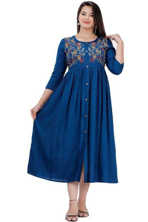 D Fashion Women Embroidered Rayon Flared Kurta  (Light Blue)