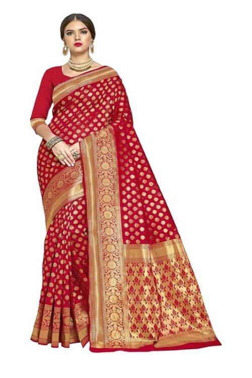 Woven Banarasi Silk Blend, Jacquard Saree (Red)