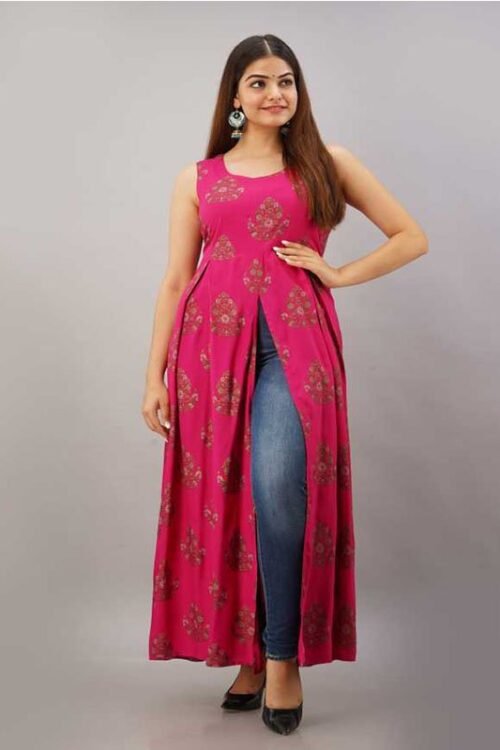 Shobha Women Floral Print Rayon Frontslit Kurta  (Pink)