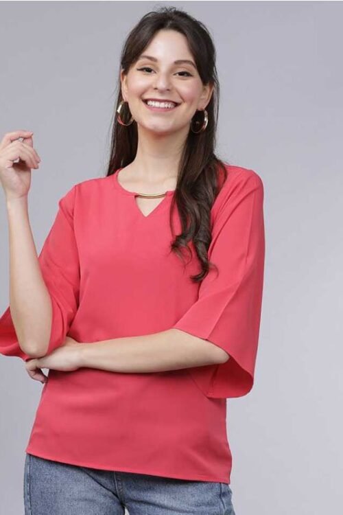TT Casual 3/4 Sleeve Solid Women Pink Top